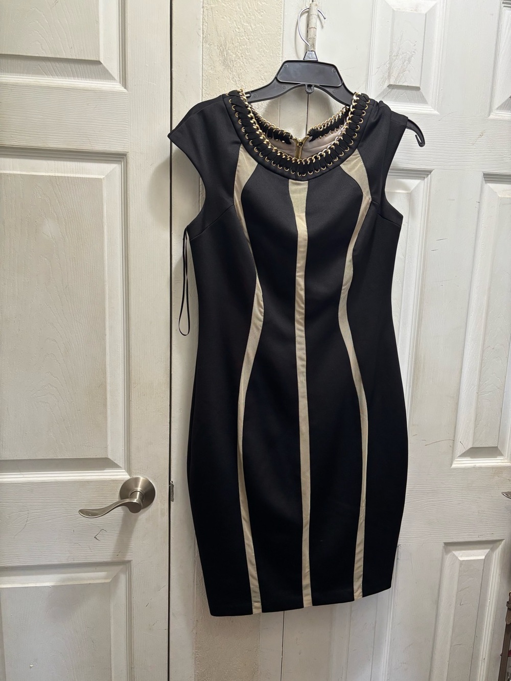 Jax Black and Cream Sheath Dress with Chain-Trim Neckline